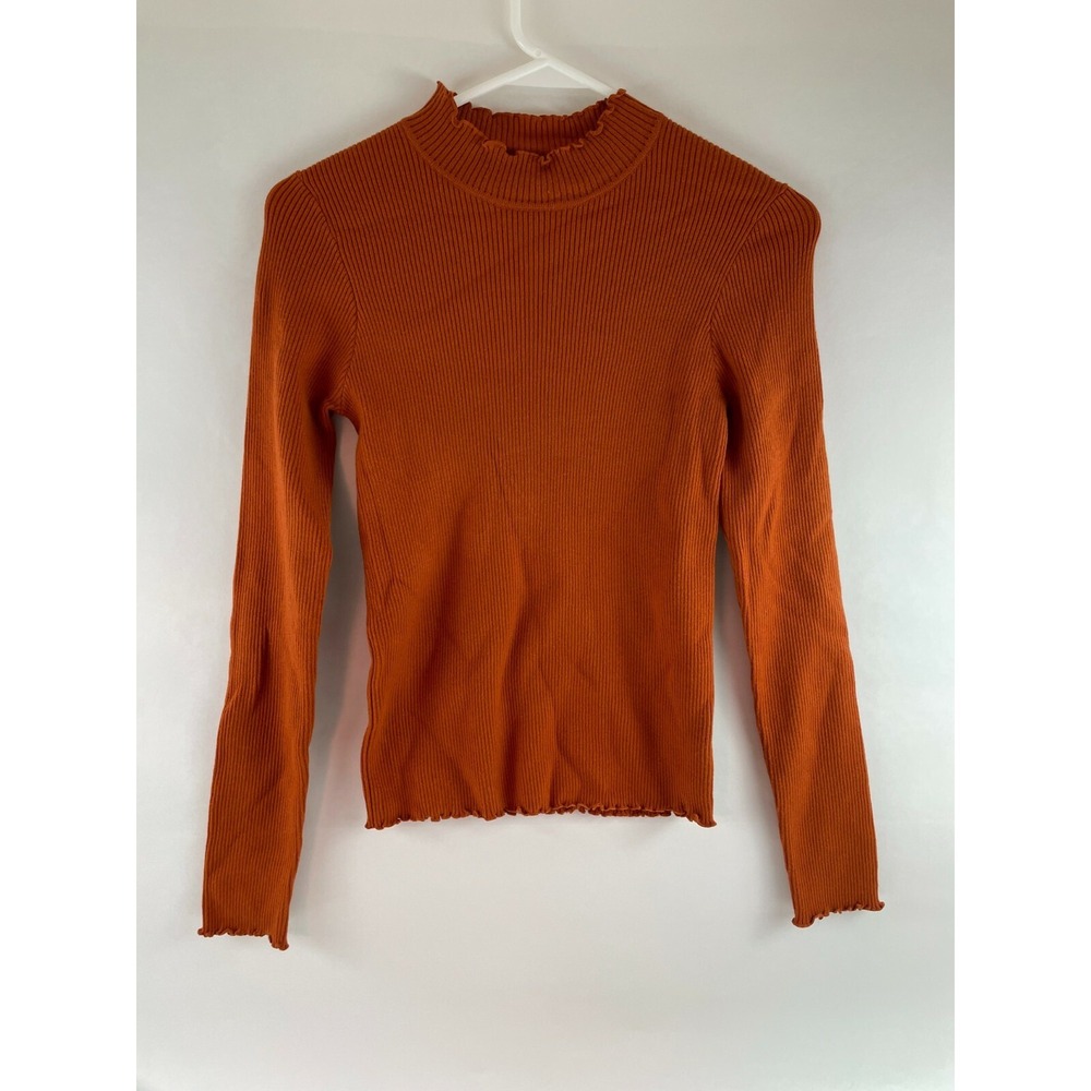 Lush Sweater Women's Size Medium Orange Ruffled Edges Pullover Ribbed Knit NWT